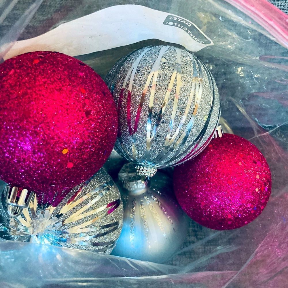 Christmas Silver Pink Glitter Ornaments Lot